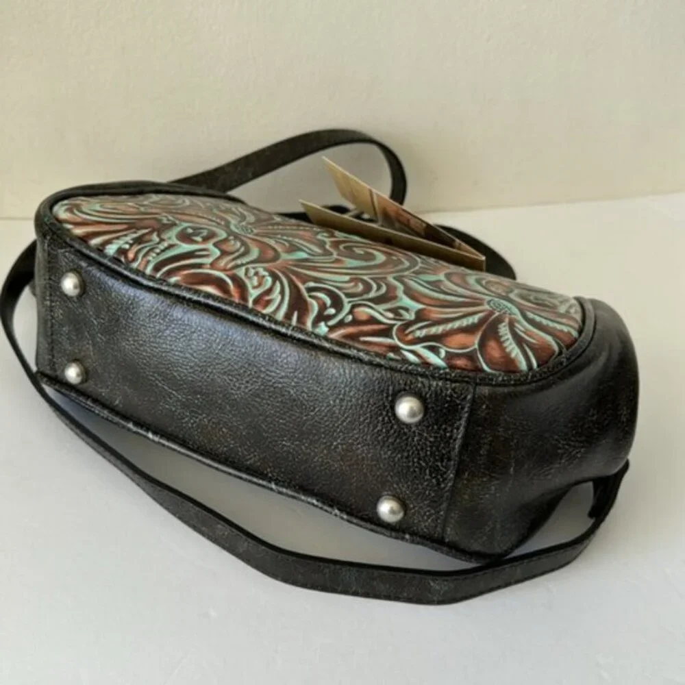 Patricia Nash Turquoise Framed Gracchi Tooled Brntl Leather Crossbody Handbag